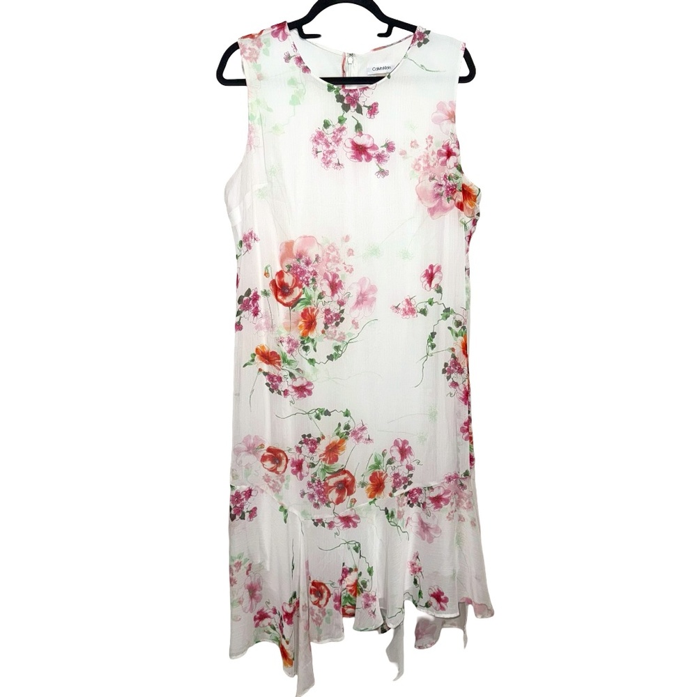 Calvin Klein Sleeveless White/Multicolor Floral Chiffon Sheer Lined Dress Sz 16